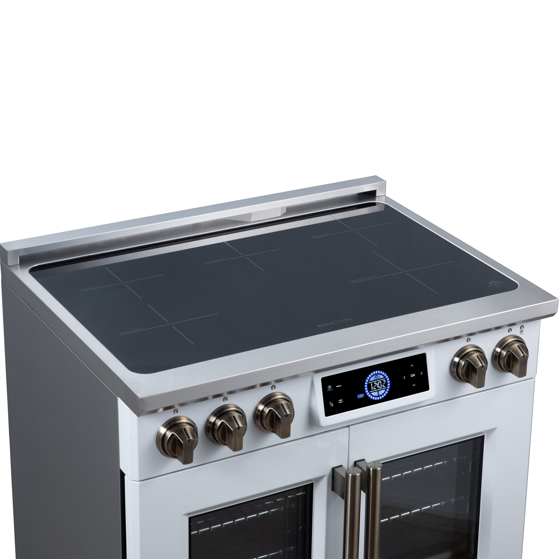 Maximus 36-Inch Induction range, French Door, 5 Cooking Zones, 5.36 cf. Convection Oven, Air Sous Vide, Air Fry Basket, White - Forno Appliances