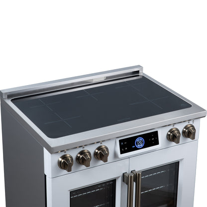 Maximus 36-Inch Induction range, French Door, 5 Cooking Zones, 5.36 cf. Convection Oven, Air Sous Vide, Air Fry Basket, White - Forno Appliances