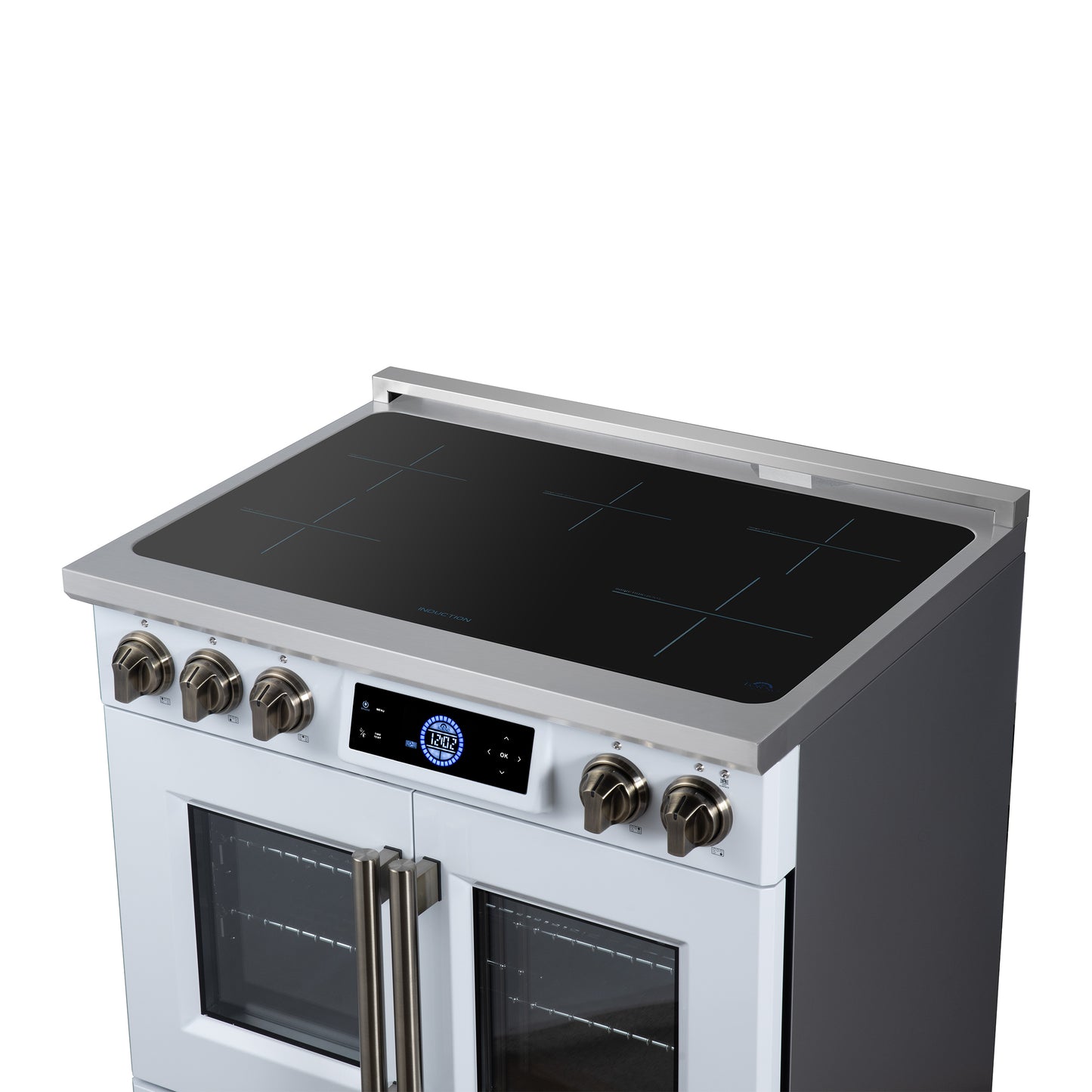 Maximus 36-Inch Induction range, French Door, 5 Cooking Zones, 5.36 cf. Convection Oven, Air Sous Vide, Air Fry Basket, White - Forno Appliances