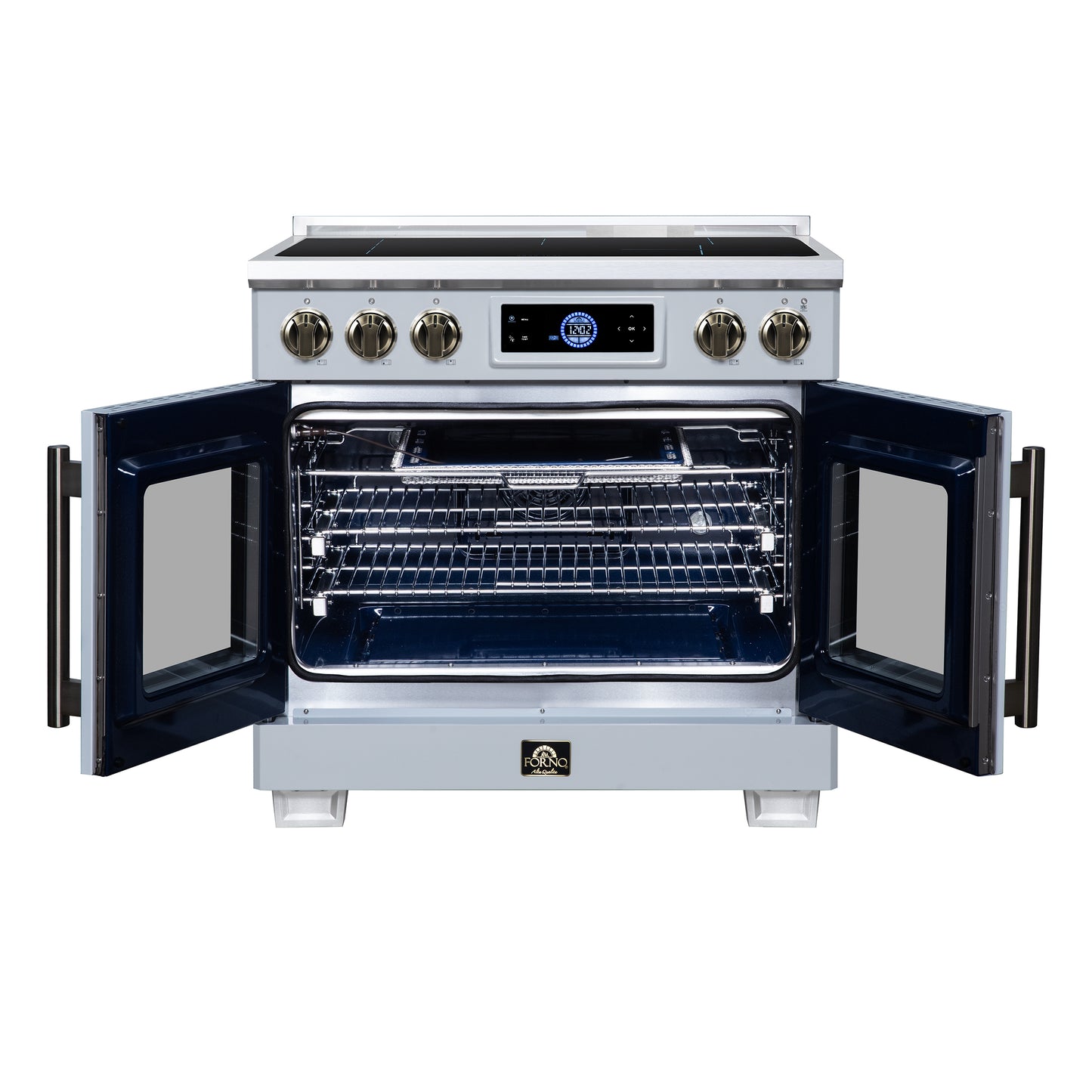 Maximus 36-Inch Induction range, French Door, 5 Cooking Zones, 5.36 cf. Convection Oven, Air Sous Vide, Air Fry Basket, White - Forno Appliances