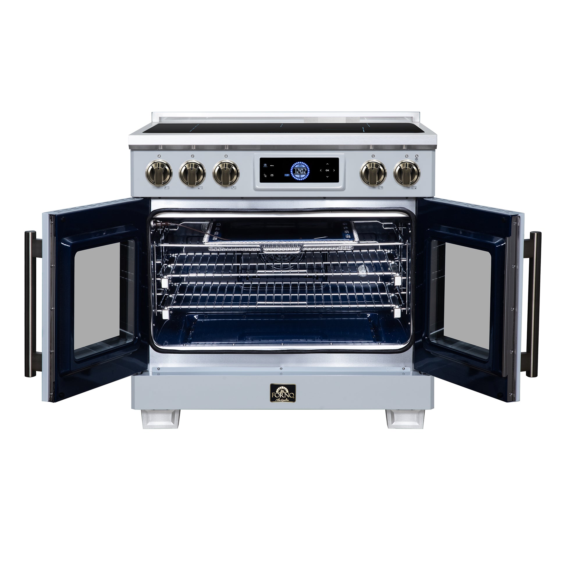 Maximus 36-Inch Induction range, French Door, 5 Cooking Zones, 5.36 cf. Convection Oven, Air Sous Vide, Air Fry Basket, White - Forno Appliances