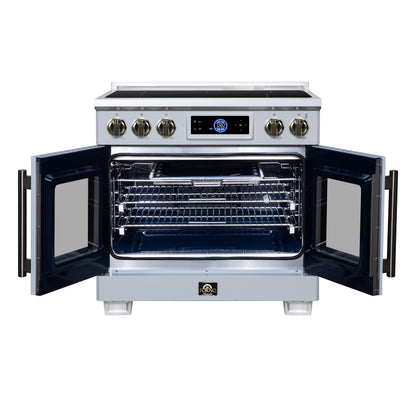 Maximus 36-Inch Induction range, French Door, 5 Cooking Zones, 5.36 cf. Convection Oven, Air Sous Vide, Air Fry Basket, White - Forno Appliances