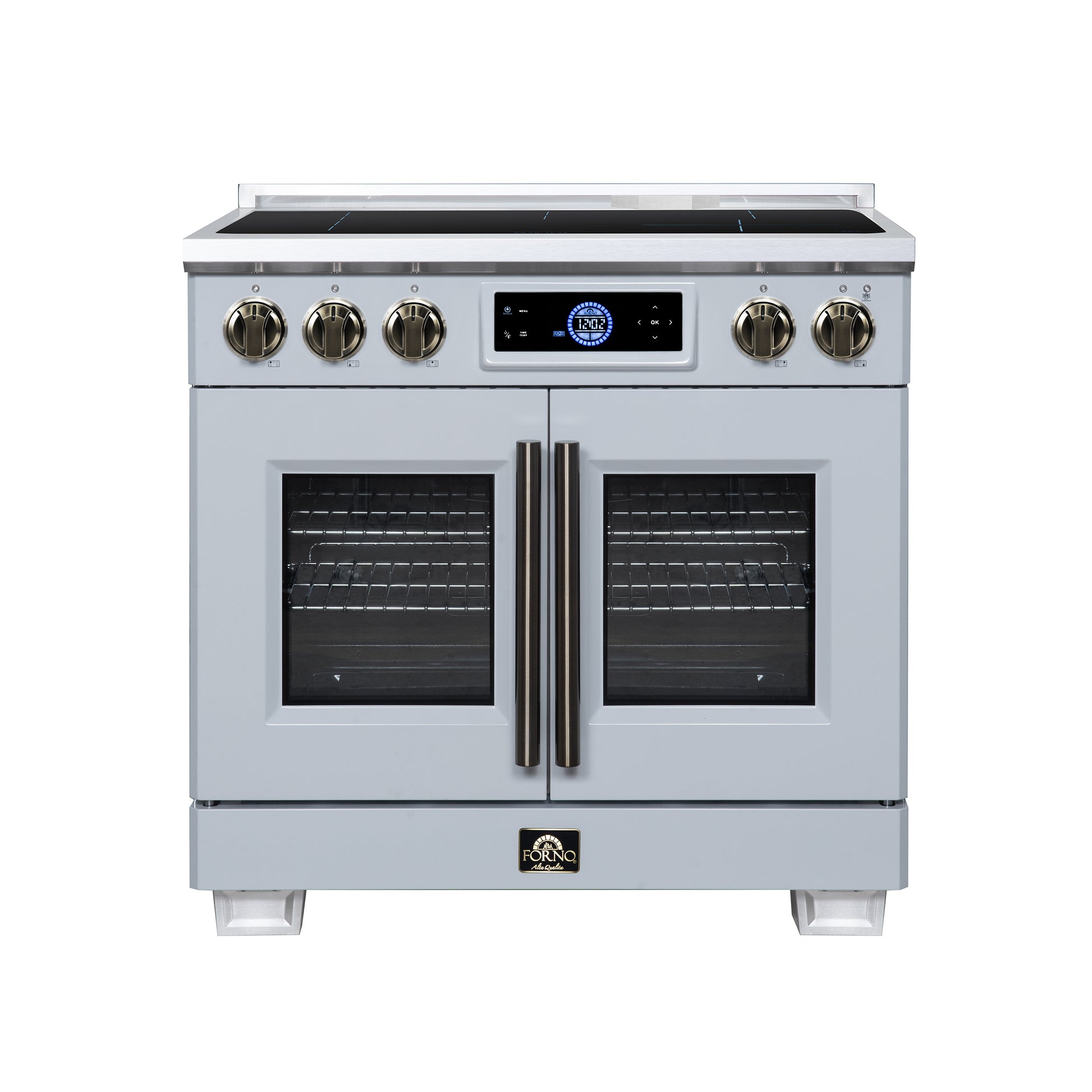 Maximus 36-Inch Induction range, French Door, 5 Cooking Zones, 5.36 cf. Convection Oven, Air Sous Vide, Air Fry Basket, White - Forno Appliances