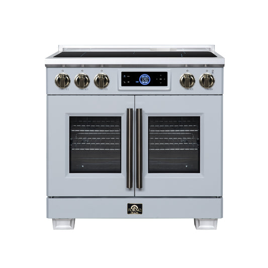 Maximus 36-Inch Induction range, French Door, 5 Cooking Zones, 5.36 cf. Convection Oven, Air Sous Vide, Air Fry Basket, White - Forno Appliances