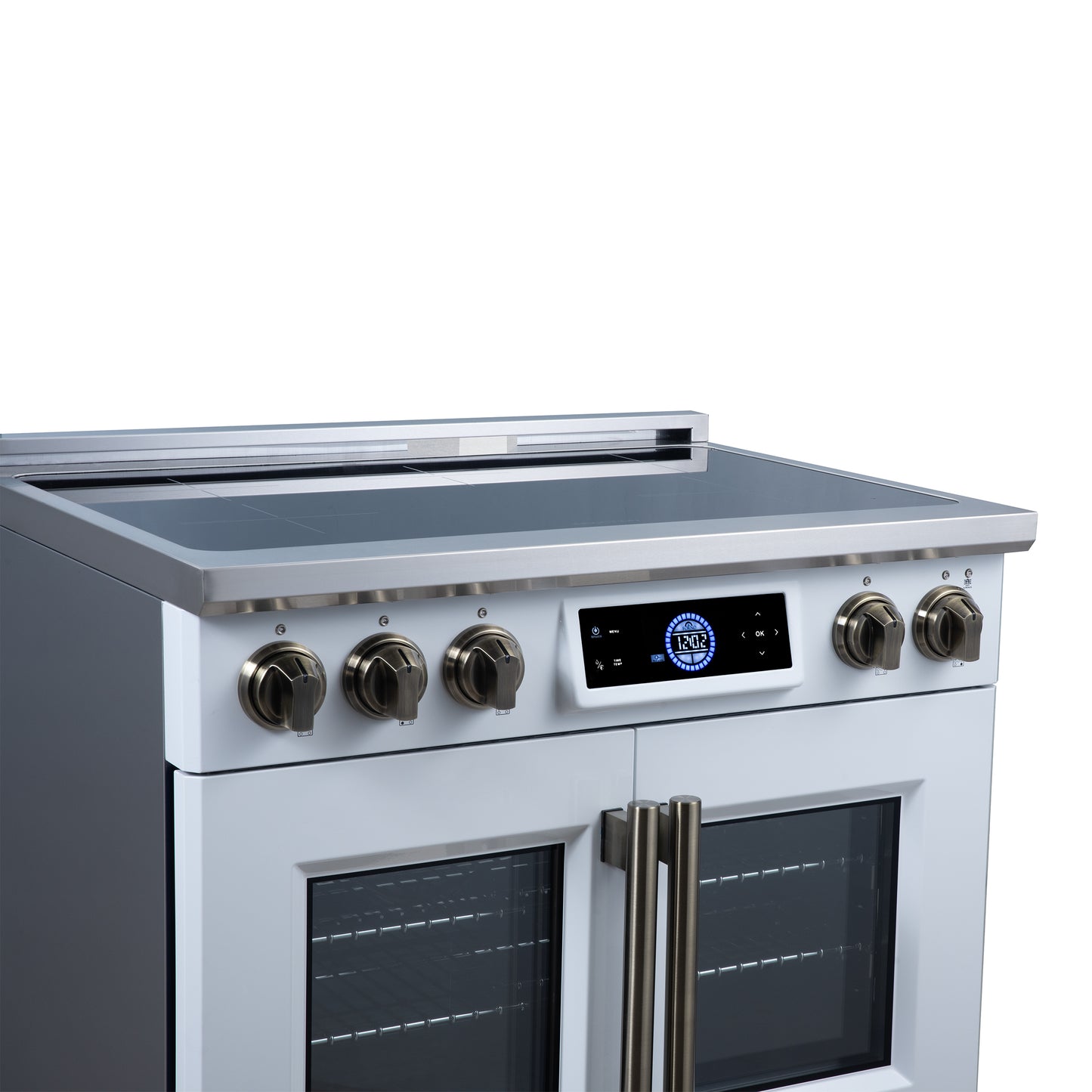 Maximus 36-Inch Induction range, French Door, 5 Cooking Zones, 5.36 cf. Convection Oven, Air Sous Vide, Air Fry Basket, White - Forno Appliances