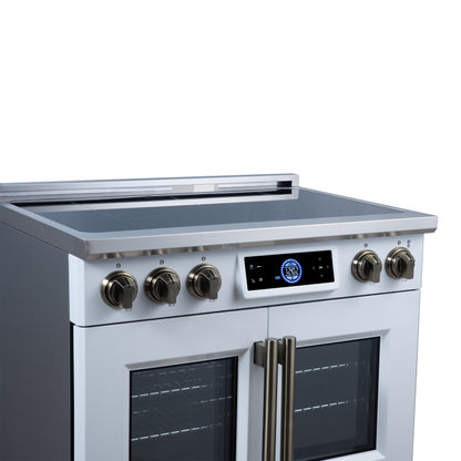 Maximus 36-Inch Induction range, French Door, 5 Cooking Zones, 5.36 cf. Convection Oven, Air Sous Vide, Air Fry Basket, White - Forno Appliances
