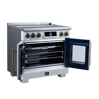 Maximus 36-Inch Induction range, French Door, 5 Cooking Zones, 5.36 cf. Convection Oven, Air Sous Vide, Air Fry Basket, White - Forno Appliances