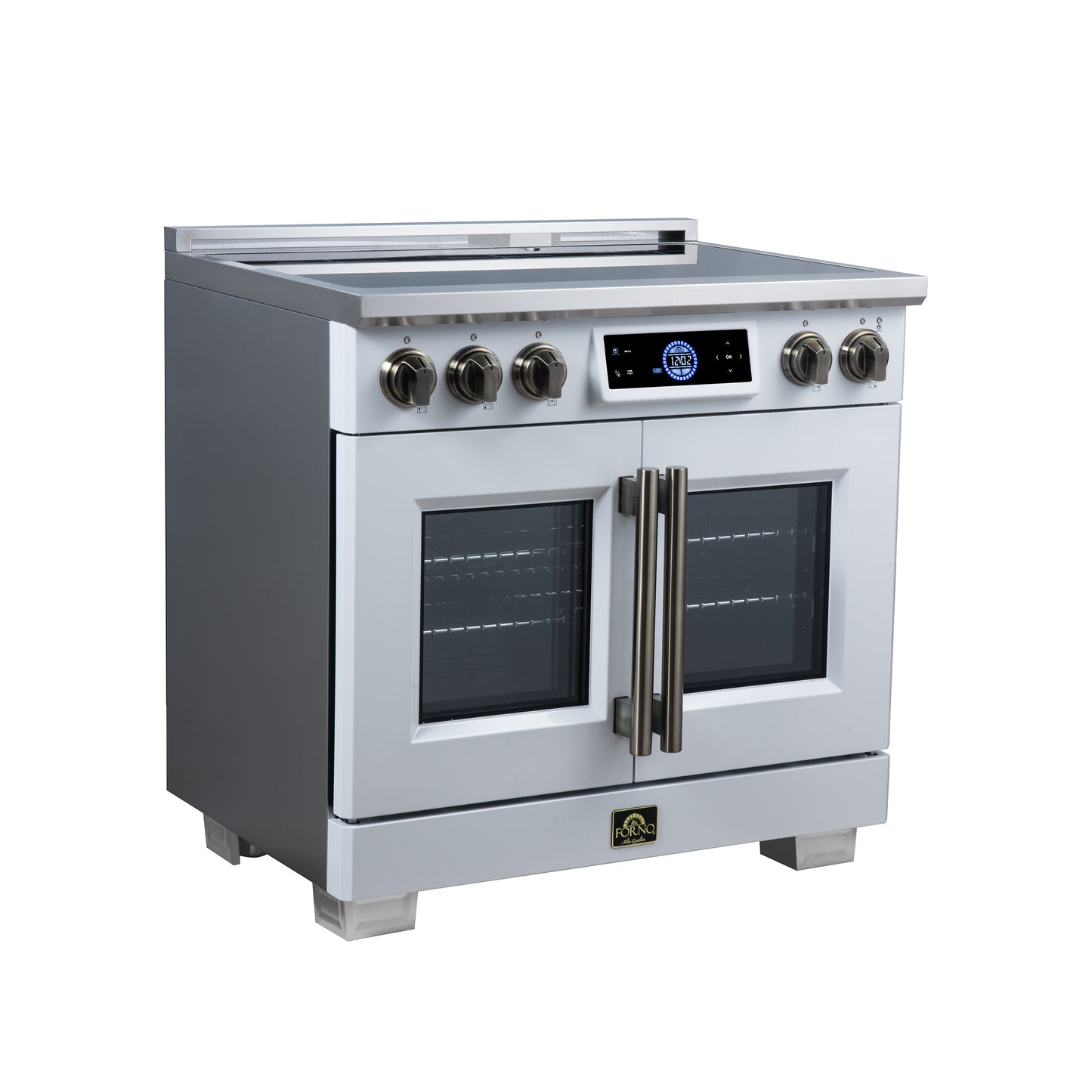 Maximus 36-Inch Induction range, French Door, 5 Cooking Zones, 5.36 cf. Convection Oven, Air Sous Vide, Air Fry Basket, White - Forno Appliances