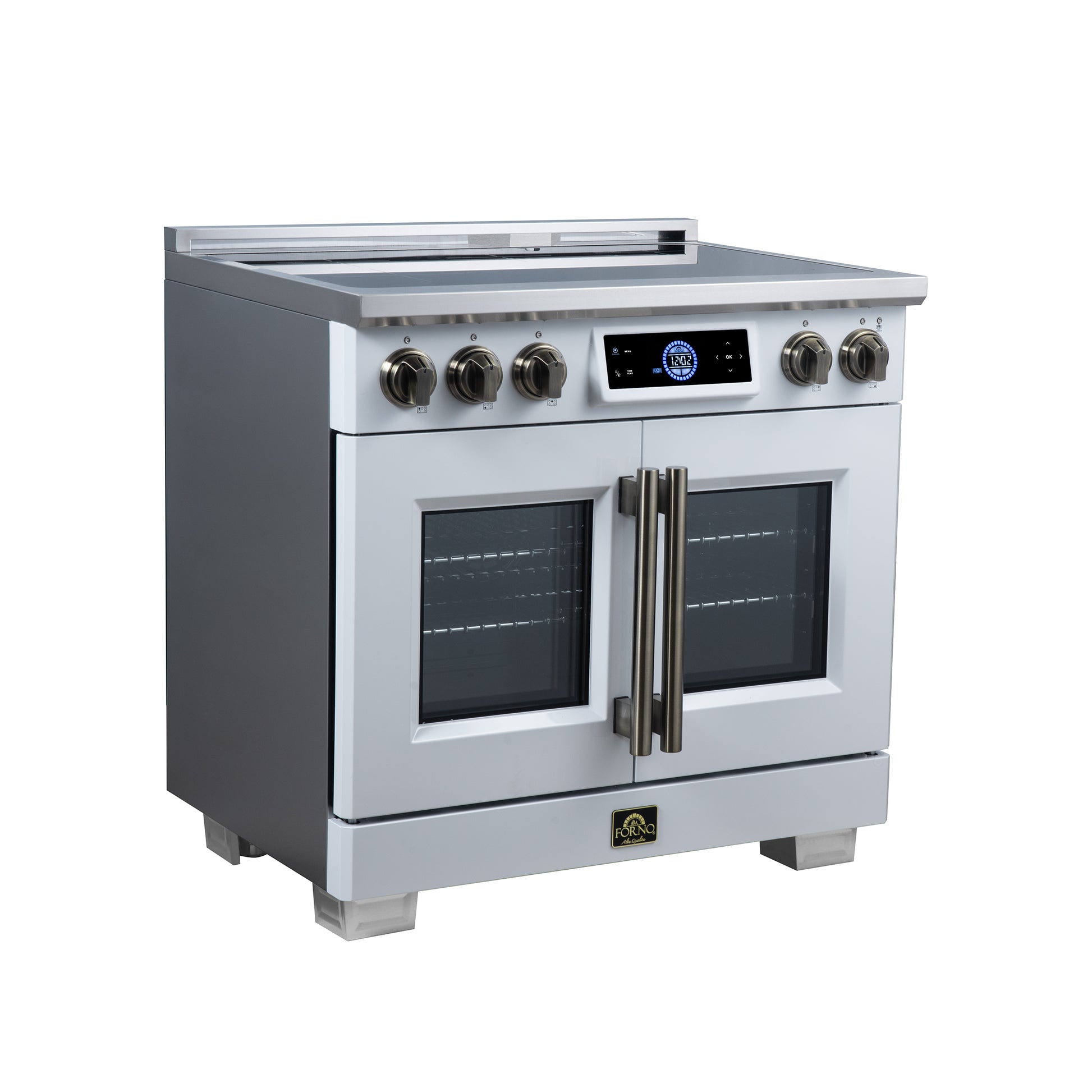 Maximus 36-Inch Induction range, French Door, 5 Cooking Zones, 5.36 cf. Convection Oven, Air Sous Vide, Air Fry Basket, White - Forno Appliances