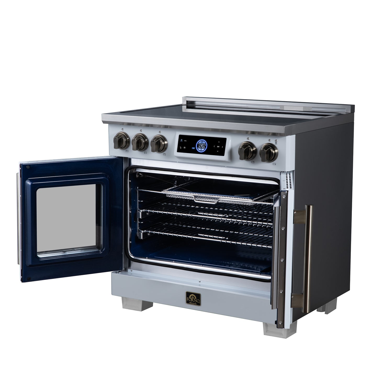 Maximus 36-Inch Induction range, French Door, 5 Cooking Zones, 5.36 cf. Convection Oven, Air Sous Vide, Air Fry Basket, White - Forno Appliances