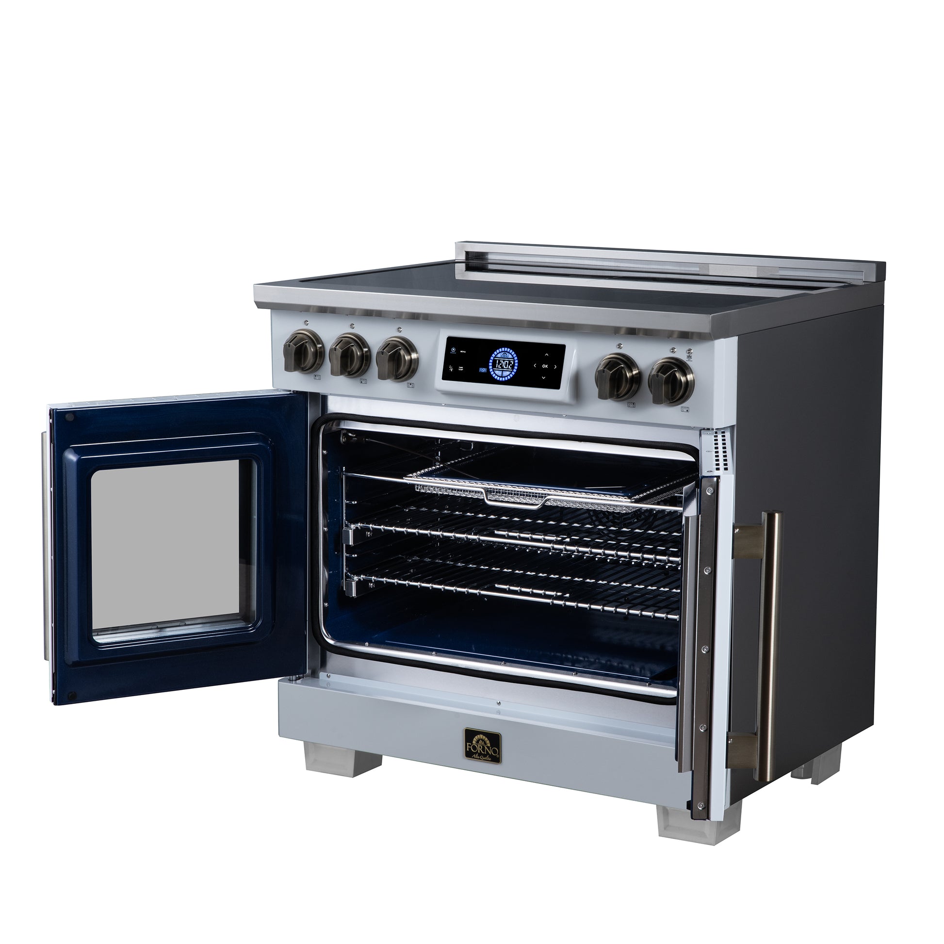 Maximus 36-Inch Induction range, French Door, 5 Cooking Zones, 5.36 cf. Convection Oven, Air Sous Vide, Air Fry Basket, White - Forno Appliances