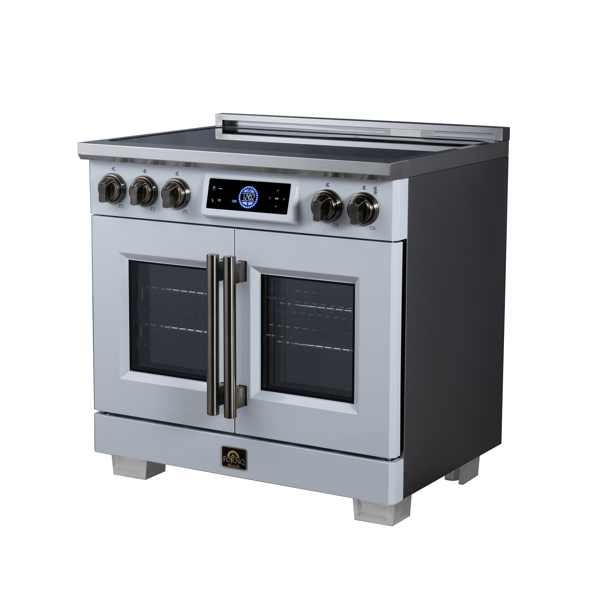 Maximus 36-Inch Induction range, French Door, 5 Cooking Zones, 5.36 cf. Convection Oven, Air Sous Vide, Air Fry Basket, White - Forno Appliances