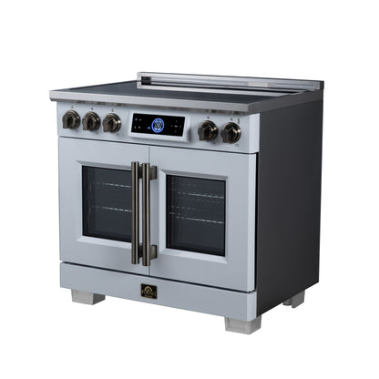 Maximus 36-Inch Induction range, French Door, 5 Cooking Zones, 5.36 cf. Convection Oven, Air Sous Vide, Air Fry Basket, White - Forno Appliances