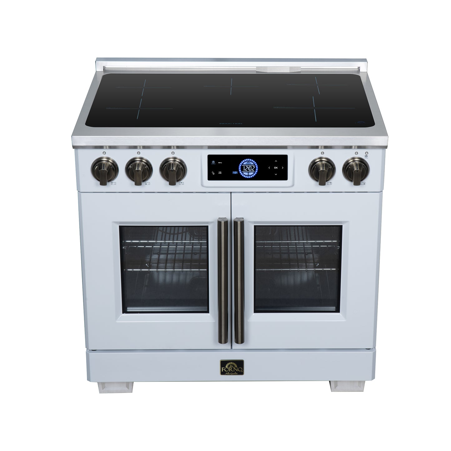 Maximus 36-Inch Induction range, French Door, 5 Cooking Zones, 5.36 cf. Convection Oven, Air Sous Vide, Air Fry Basket, White - Forno Appliances
