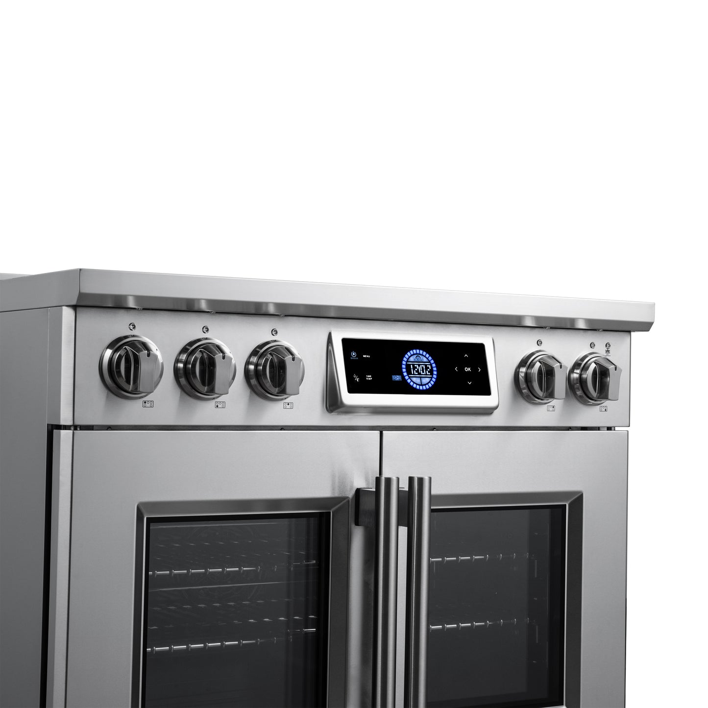 Maximus 36-Inch Induction range, French Door, 5 Cooking Zones, 5.36 cf. Convection Oven, Air Sous Vide, Air Fry Basket, Stainless Steel - Forno Appliances