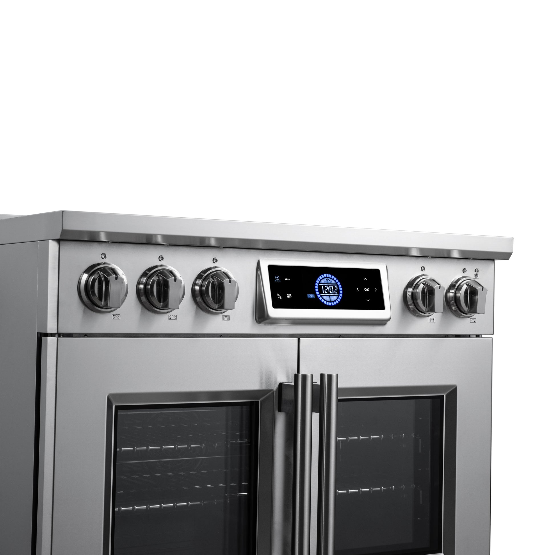 Maximus 36-Inch Induction range, French Door, 5 Cooking Zones, 5.36 cf. Convection Oven, Air Sous Vide, Air Fry Basket, Stainless Steel - Forno Appliances