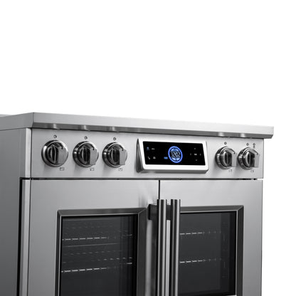 Maximus 36-Inch Induction range, French Door, 5 Cooking Zones, 5.36 cf. Convection Oven, Air Sous Vide, Air Fry Basket, Stainless Steel - Forno Appliances