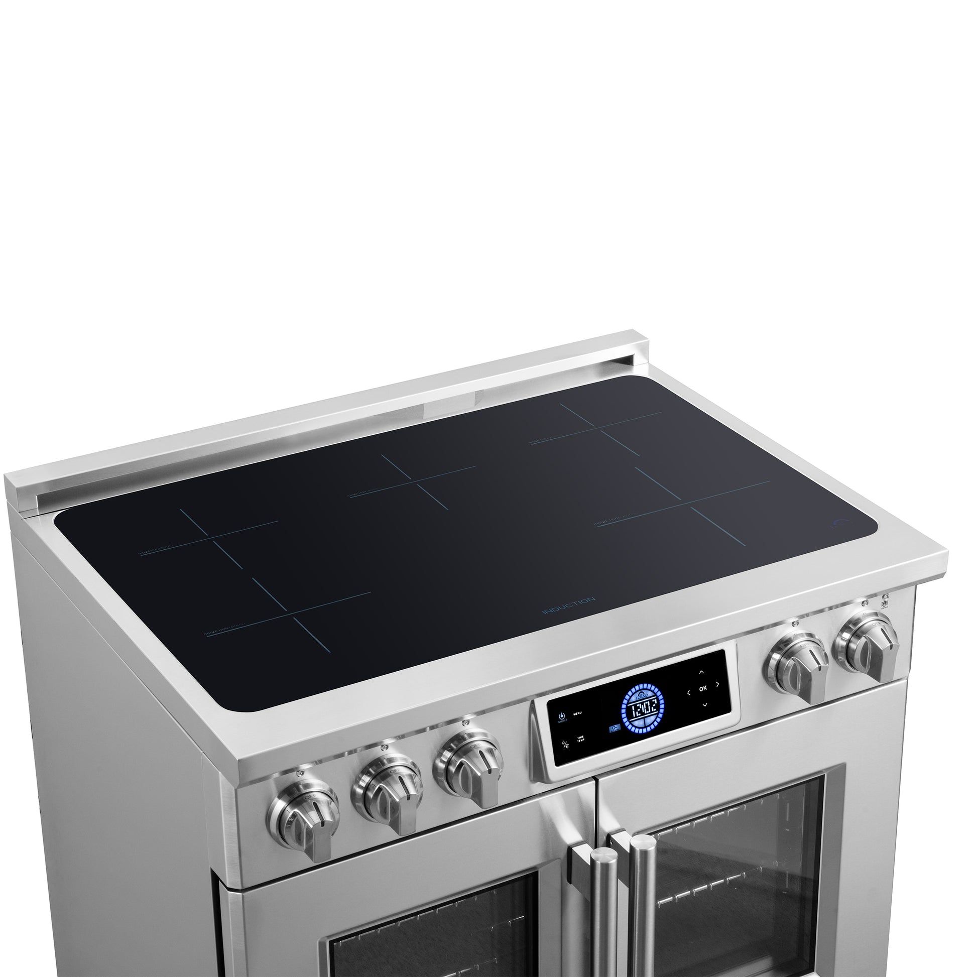 Maximus 36-Inch Induction range, French Door, 5 Cooking Zones, 5.36 cf. Convection Oven, Air Sous Vide, Air Fry Basket, Stainless Steel - Forno Appliances