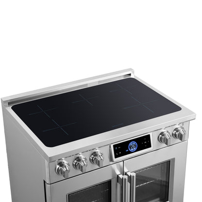 Maximus 36-Inch Induction range, French Door, 5 Cooking Zones, 5.36 cf. Convection Oven, Air Sous Vide, Air Fry Basket, Stainless Steel - Forno Appliances