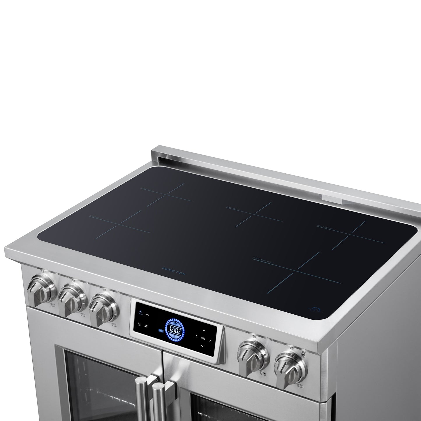 Maximus 36-Inch Induction range, French Door, 5 Cooking Zones, 5.36 cf. Convection Oven, Air Sous Vide, Air Fry Basket, Stainless Steel - Forno Appliances
