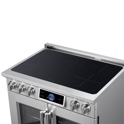 Maximus 36-Inch Induction range, French Door, 5 Cooking Zones, 5.36 cf. Convection Oven, Air Sous Vide, Air Fry Basket, Stainless Steel - Forno Appliances