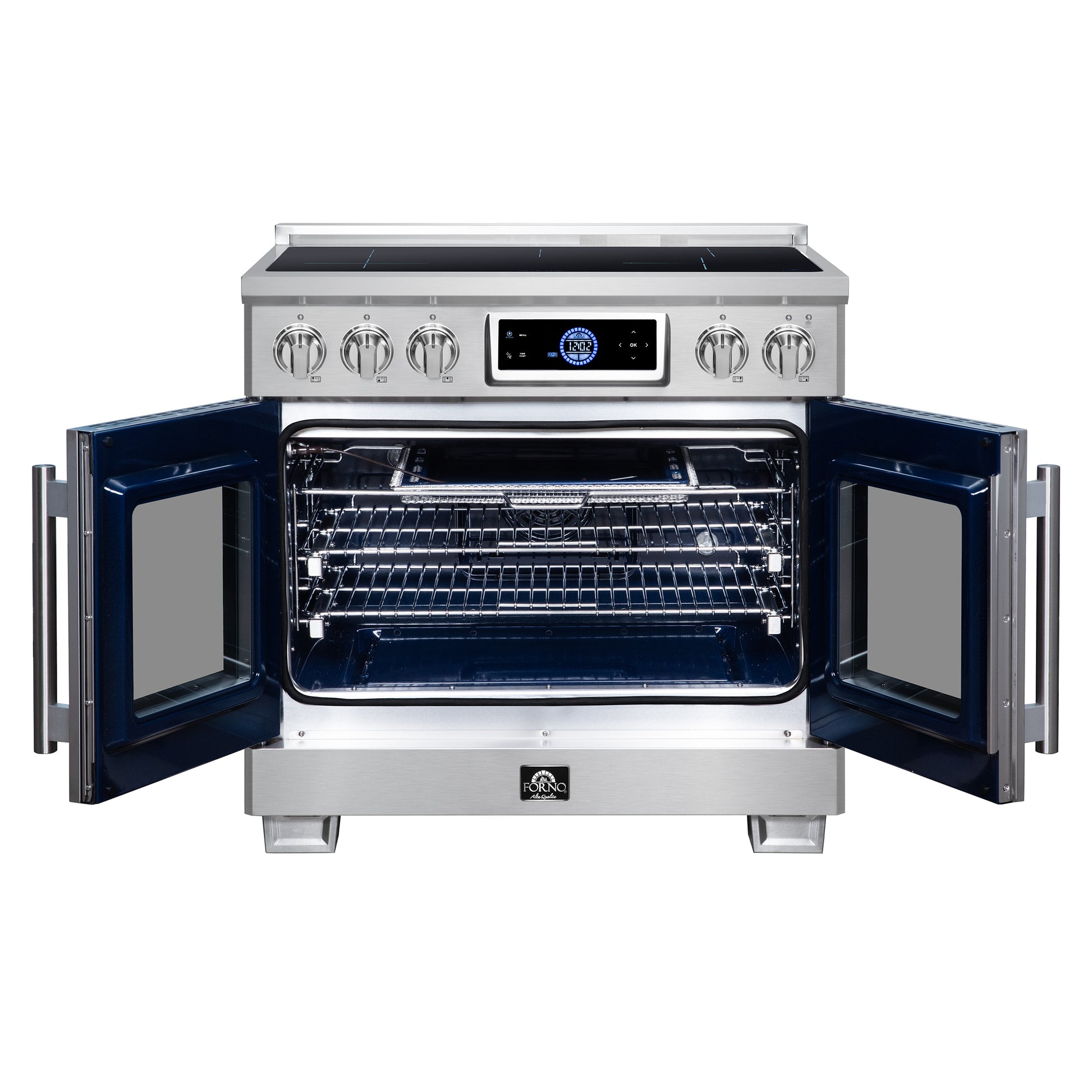 Maximus 36-Inch Induction range, French Door, 5 Cooking Zones, 5.36 cf. Convection Oven, Air Sous Vide, Air Fry Basket, Stainless Steel - Forno Appliances