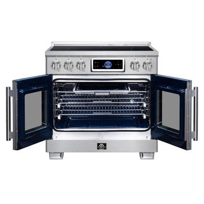 Maximus 36-Inch Induction range, French Door, 5 Cooking Zones, 5.36 cf. Convection Oven, Air Sous Vide, Air Fry Basket, Stainless Steel - Forno Appliances