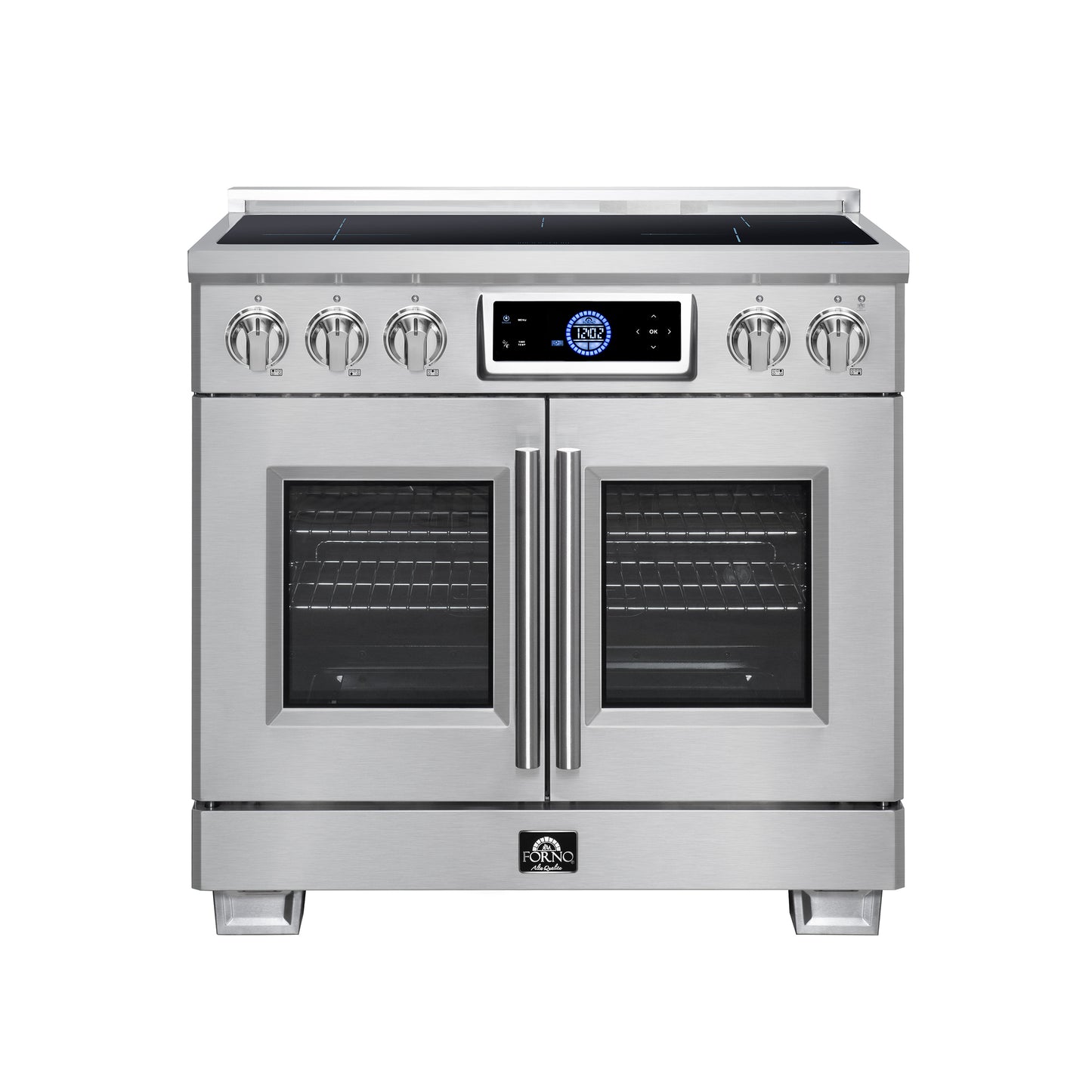Maximus 36-Inch Induction range, French Door, 5 Cooking Zones, 5.36 cf. Convection Oven, Air Sous Vide, Air Fry Basket, Stainless Steel - Forno Appliances