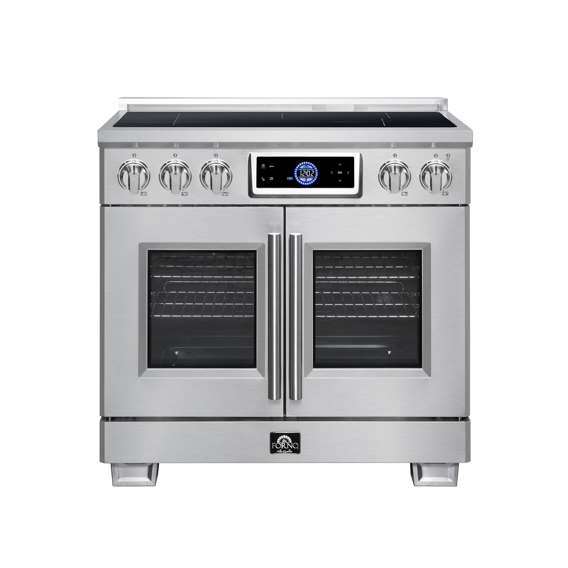 Maximus 36-Inch Induction range, French Door, 5 Cooking Zones, 5.36 cf. Convection Oven, Air Sous Vide, Air Fry Basket, Stainless Steel - Forno Appliances