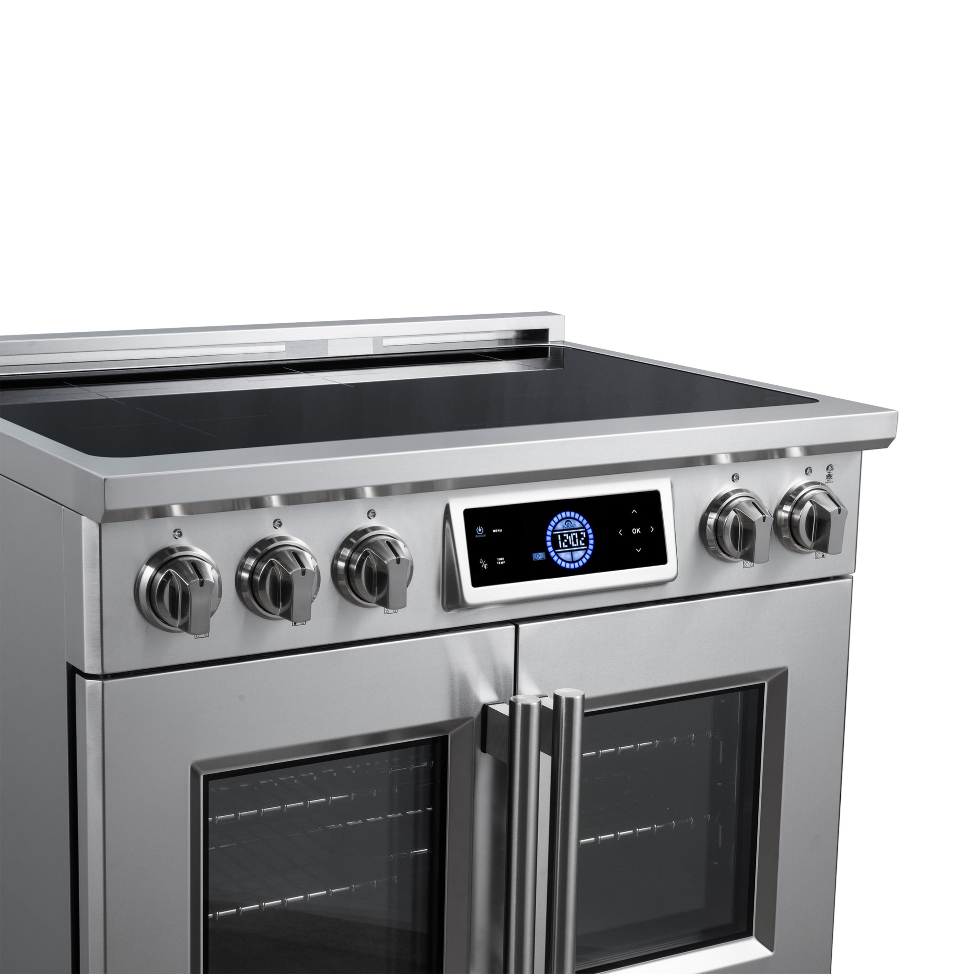 Maximus 36-Inch Induction range, French Door, 5 Cooking Zones, 5.36 cf. Convection Oven, Air Sous Vide, Air Fry Basket, Stainless Steel - Forno Appliances