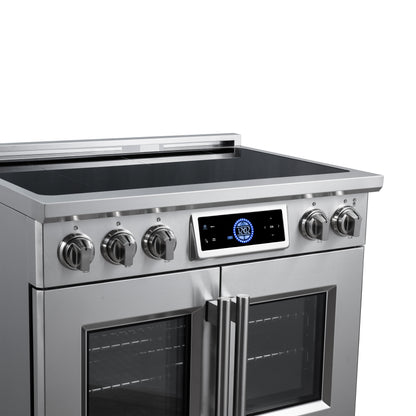 Maximus 36-Inch Induction range, French Door, 5 Cooking Zones, 5.36 cf. Convection Oven, Air Sous Vide, Air Fry Basket, Stainless Steel - Forno Appliances