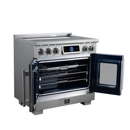 Maximus 36-Inch Induction range, French Door, 5 Cooking Zones, 5.36 cf. Convection Oven, Air Sous Vide, Air Fry Basket, Stainless Steel - Forno Appliances