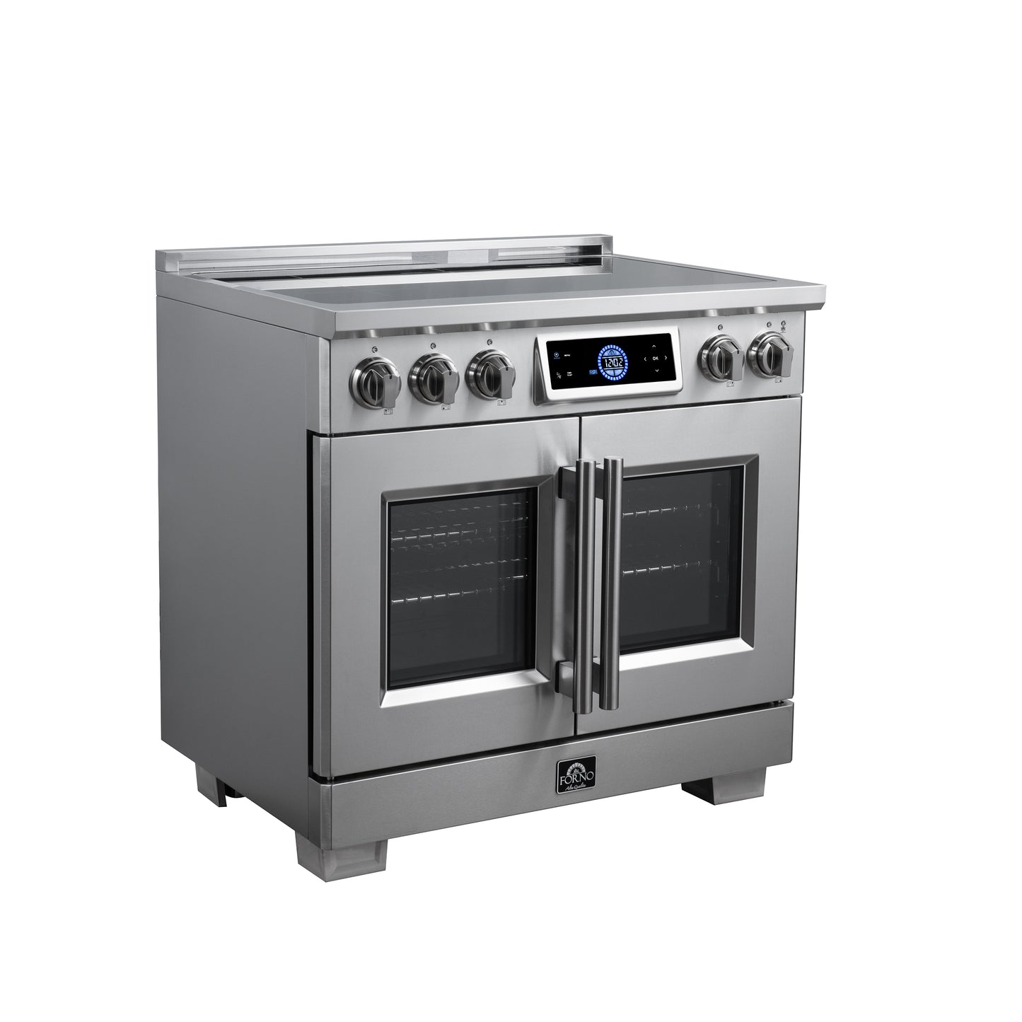 Maximus 36-Inch Induction range, French Door, 5 Cooking Zones, 5.36 cf. Convection Oven, Air Sous Vide, Air Fry Basket, Stainless Steel - Forno Appliances