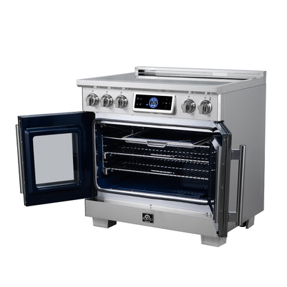 Maximus 36-Inch Induction range, French Door, 5 Cooking Zones, 5.36 cf. Convection Oven, Air Sous Vide, Air Fry Basket, Stainless Steel - Forno Appliances