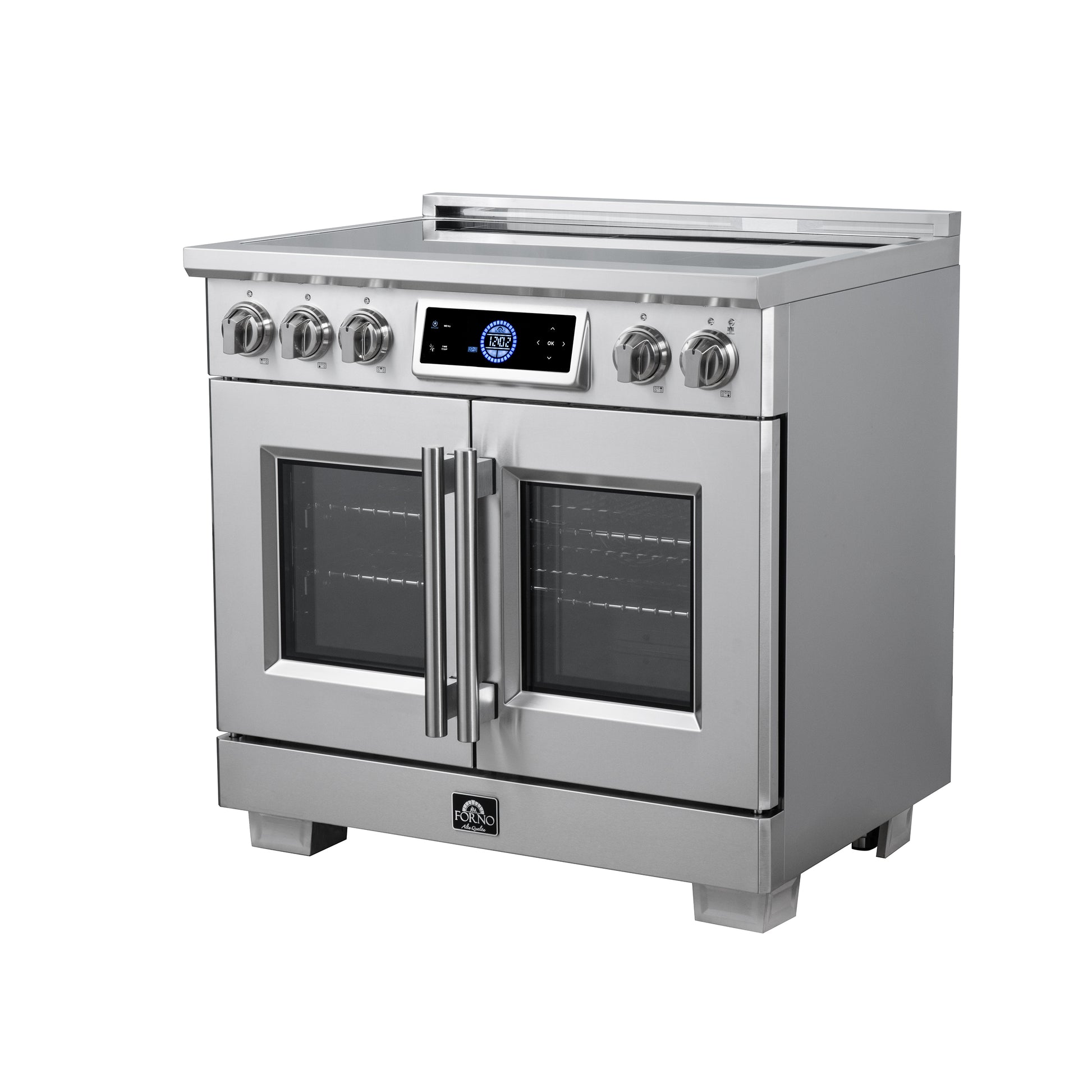 Maximus 36-Inch Induction range, French Door, 5 Cooking Zones, 5.36 cf. Convection Oven, Air Sous Vide, Air Fry Basket, Stainless Steel - Forno Appliances