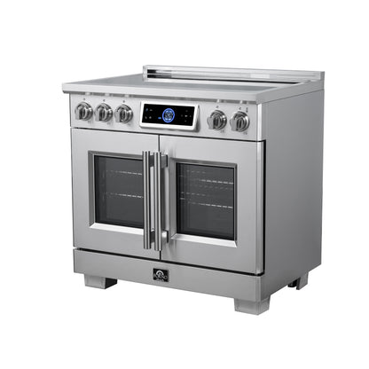Maximus 36-Inch Induction range, French Door, 5 Cooking Zones, 5.36 cf. Convection Oven, Air Sous Vide, Air Fry Basket, Stainless Steel - Forno Appliances