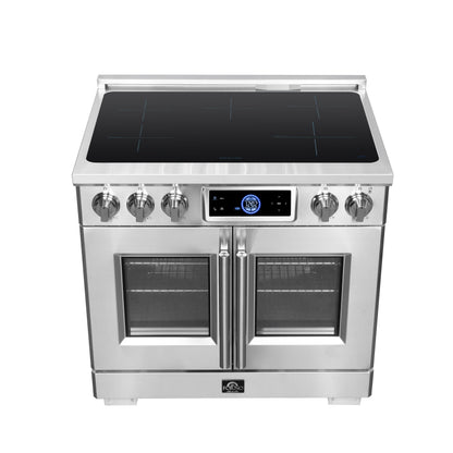 Maximus 36-Inch Induction range, French Door, 5 Cooking Zones, 5.36 cf. Convection Oven, Air Sous Vide, Air Fry Basket, Stainless Steel - Forno Appliances