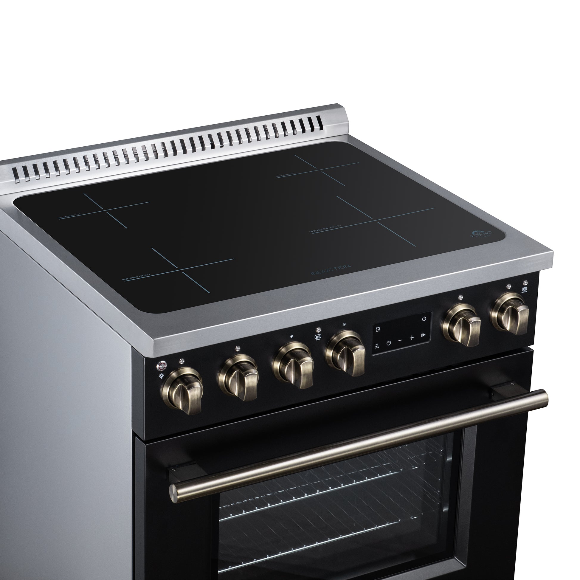 Torino 30 Inch Induction Range, 8,800W cooktop, 4.32 cf. True Convection Oven, Air Fry, Air Sous Vide, Smudge Resistant, Black - Forno Appliances