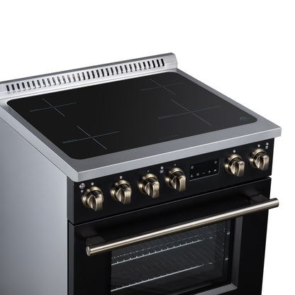 Torino 30 Inch Induction Range, 8,800W cooktop, 4.32 cf. True Convection Oven, Air Fry, Air Sous Vide, Smudge Resistant, Black - Forno Appliances