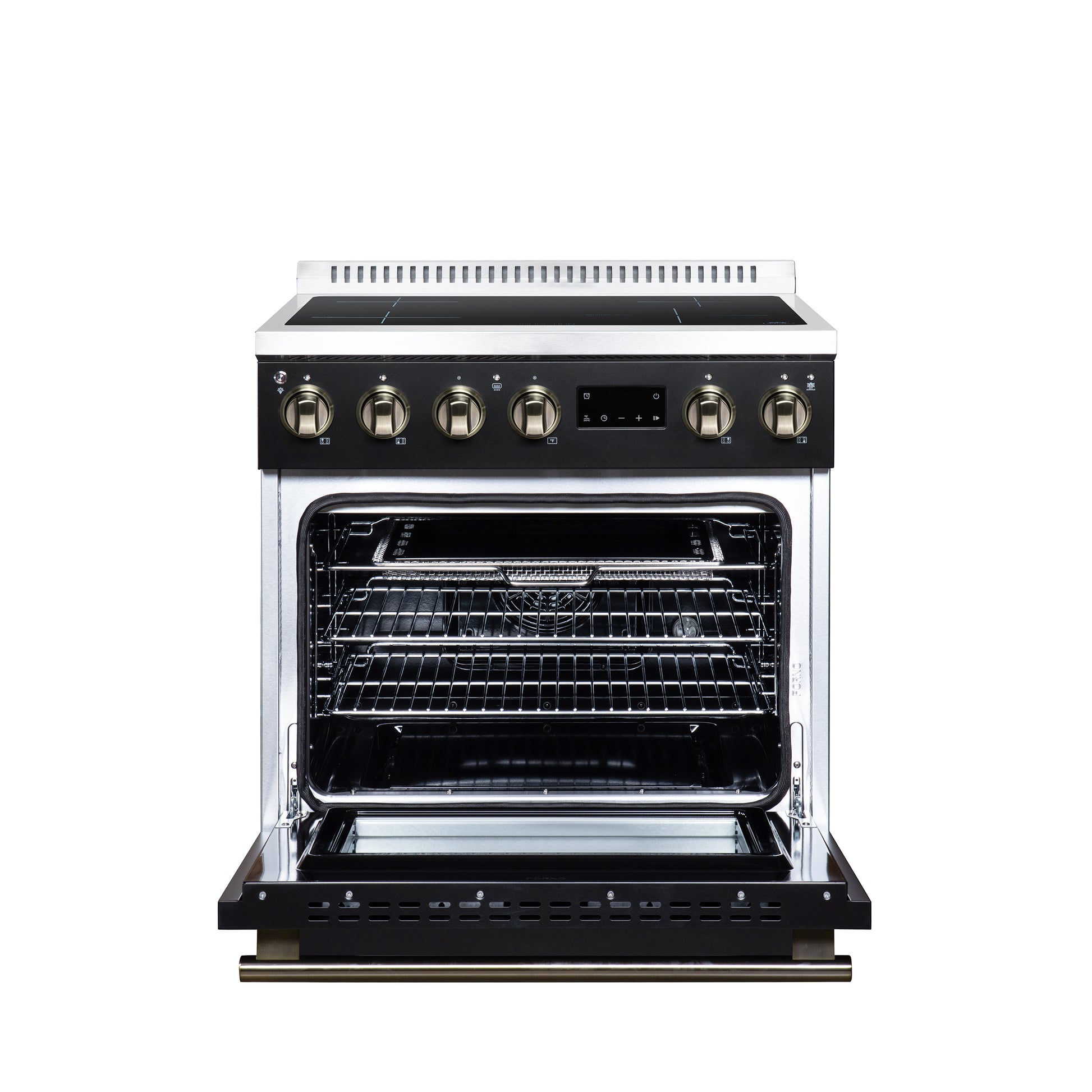 Torino 30 Inch Induction Range, 8,800W cooktop, 4.32 cf. True Convection Oven, Air Fry, Air Sous Vide, Smudge Resistant, Black - Forno Appliances