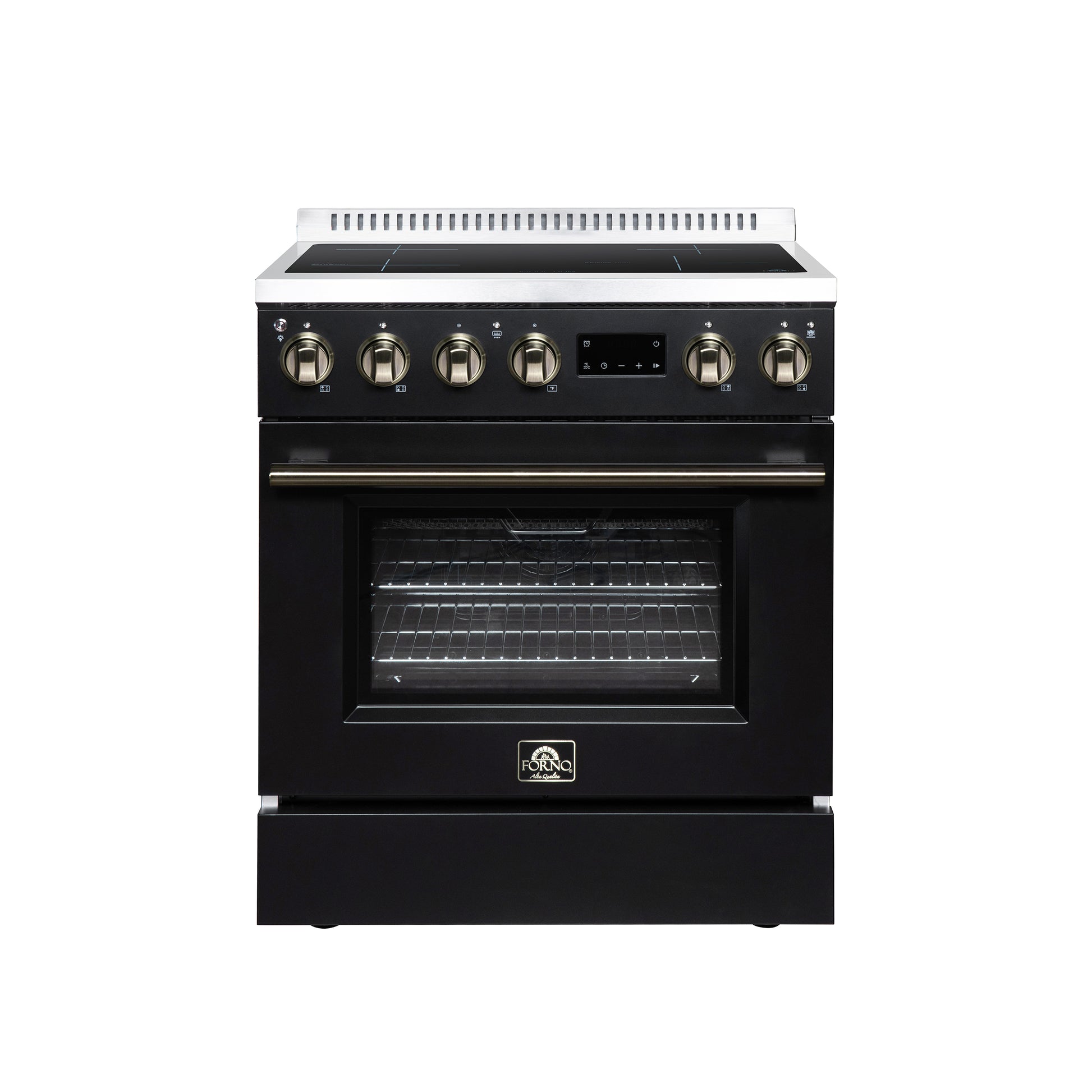 Torino 30 Inch Induction Range, 8,800W cooktop, 4.32 cf. True Convection Oven, Air Fry, Air Sous Vide, Smudge Resistant, Black - Forno Appliances