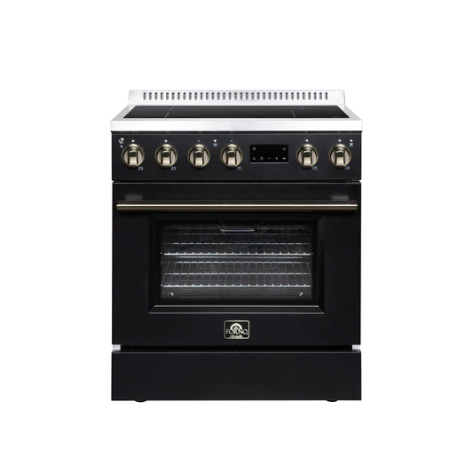 Torino 30 Inch Induction Range, 8,800W cooktop, 4.32 cf. True Convection Oven, Air Fry, Air Sous Vide, Smudge Resistant, Black - Forno Appliances