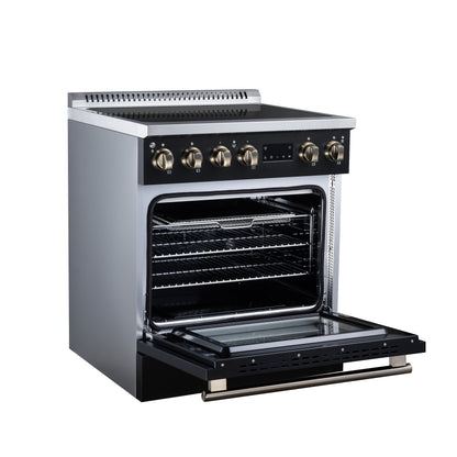 Torino 30 Inch Induction Range, 8,800W cooktop, 4.32 cf. True Convection Oven, Air Fry, Air Sous Vide, Smudge Resistant, Black - Forno Appliances