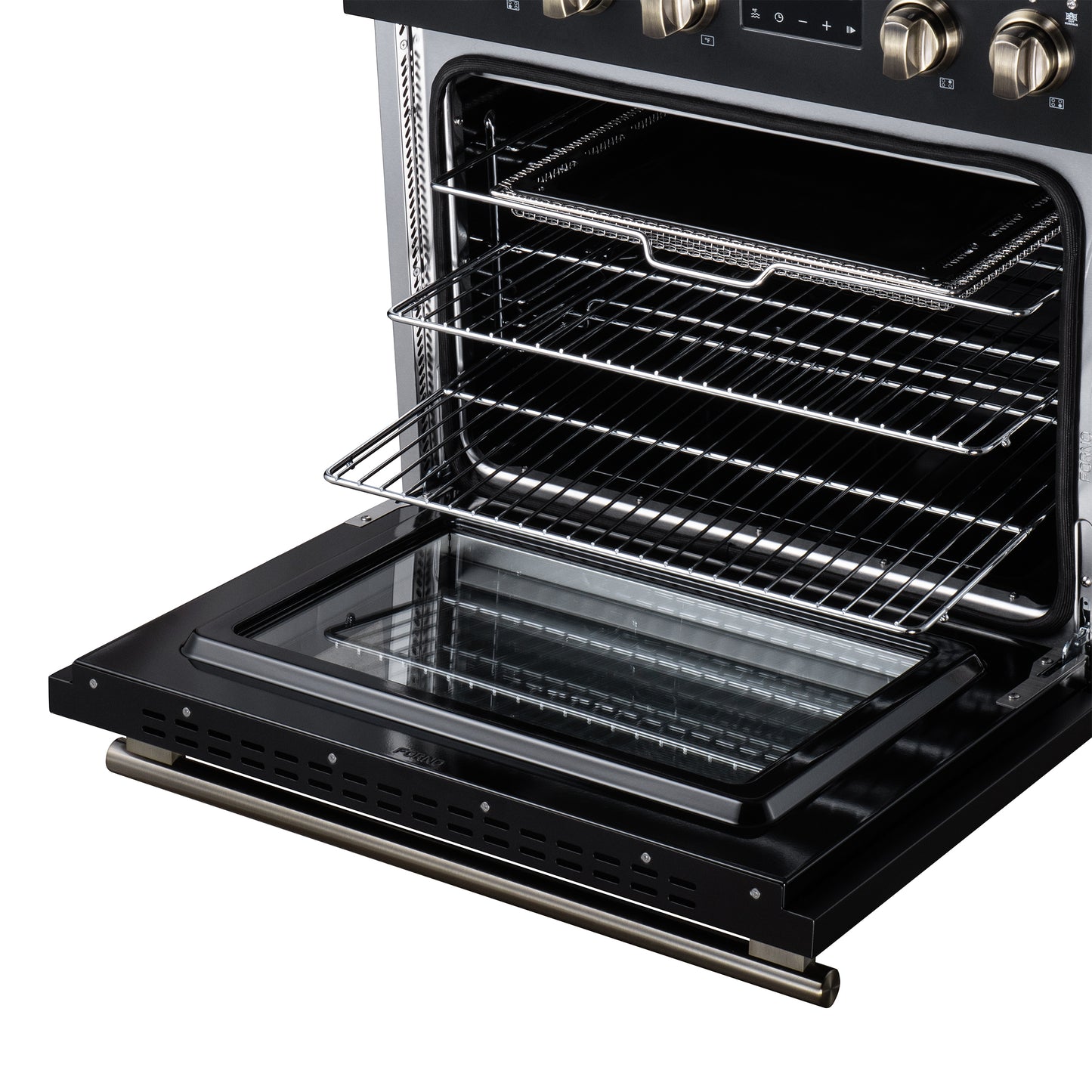 Torino 30 Inch Induction Range, 8,800W cooktop, 4.32 cf. True Convection Oven, Air Fry, Air Sous Vide, Smudge Resistant, Black - Forno Appliances