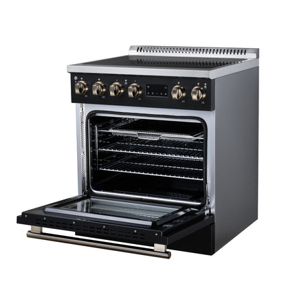 Torino 30 Inch Induction Range, 8,800W cooktop, 4.32 cf. True Convection Oven, Air Fry, Air Sous Vide, Smudge Resistant, Black - Forno Appliances