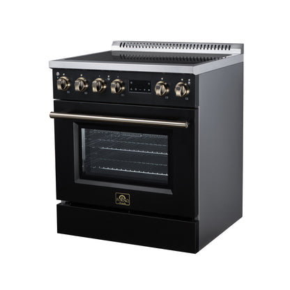 Torino 30 Inch Induction Range, 8,800W cooktop, 4.32 cf. True Convection Oven, Air Fry, Air Sous Vide, Smudge Resistant, Black - Forno Appliances