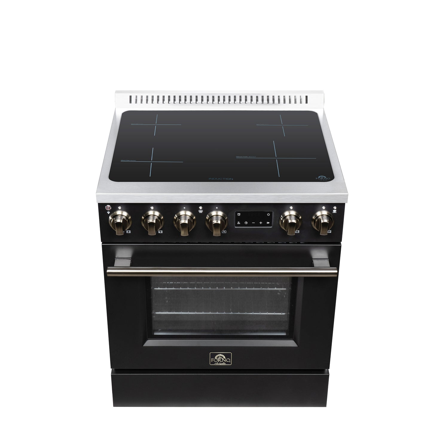 Torino 30 Inch Induction Range, 8,800W cooktop, 4.32 cf. True Convection Oven, Air Fry, Air Sous Vide, Smudge Resistant, Black - Forno Appliances