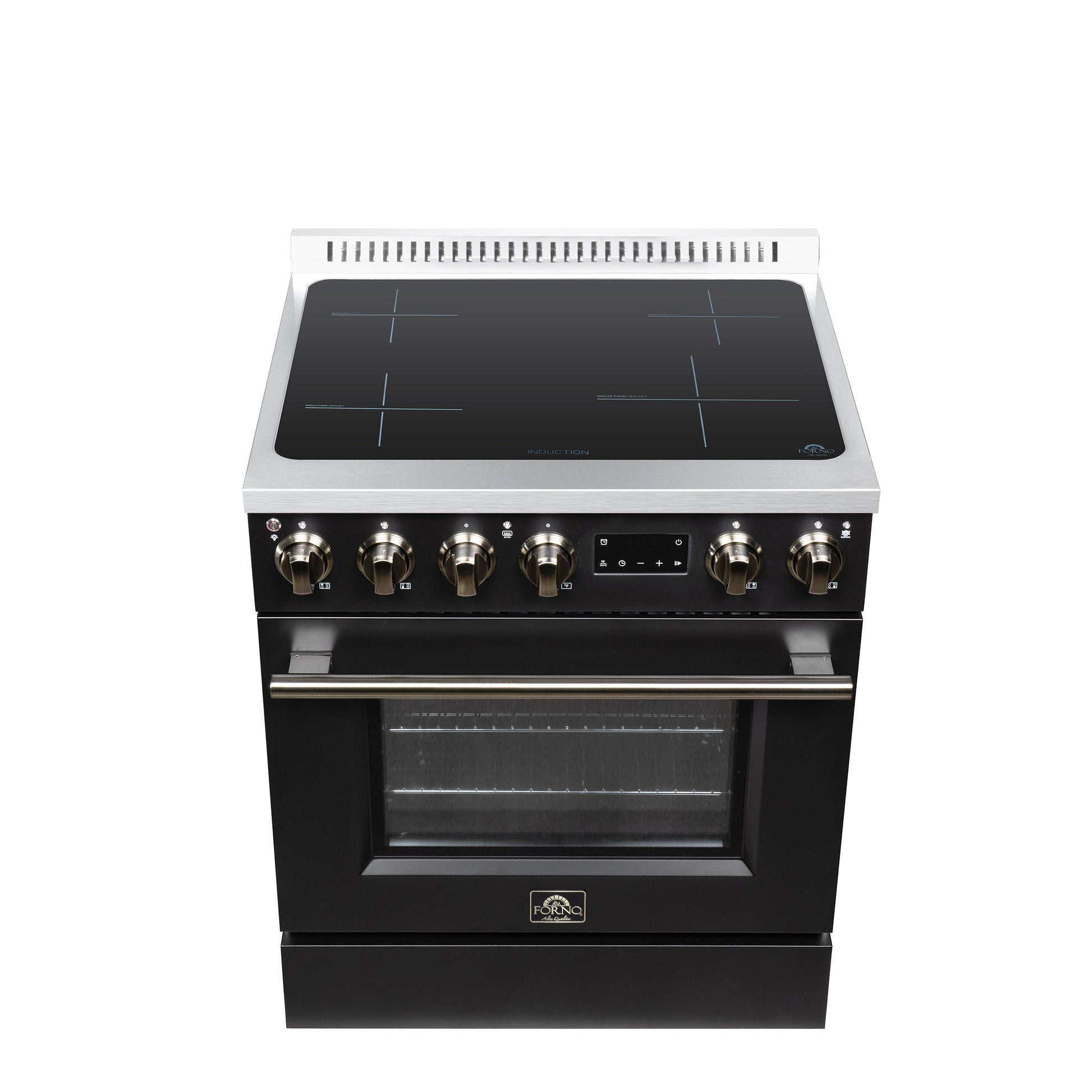 Torino 30 Inch Induction Range, 8,800W cooktop, 4.32 cf. True Convection Oven, Air Fry, Air Sous Vide, Smudge Resistant, Black - Forno Appliances