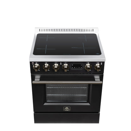 Torino 30 Inch Induction Range, 8,800W cooktop, 4.32 cf. True Convection Oven, Air Fry, Air Sous Vide, Smudge Resistant, Black - Forno Appliances