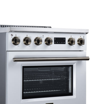 Torino 30 Inch Induction Range, 8,800W cooktop, 4.32 cf. True Convection Oven, Air Fry, Air Sous Vide, Smudge Resistant, White - Forno Appliances